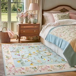 jinchan Area Rug 4x6 Washable Mat Floral Oriental Carpet Accent Rug Indoor Floor Cover Non Slip Living Room Mat Vintage Soft Retro Carpet for Bedroom Dining Room Kitchen Decor Blue/Pink