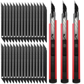 FOSHIO Retractable Utility Knife with 30 Degree Snap Off Blade 9MM, Box Cutter for Carton, Cardboard and Box, Office and Home Use, 3 Pack Red Aluminum Handle Knife ​with Extra 30 Replacement Blades