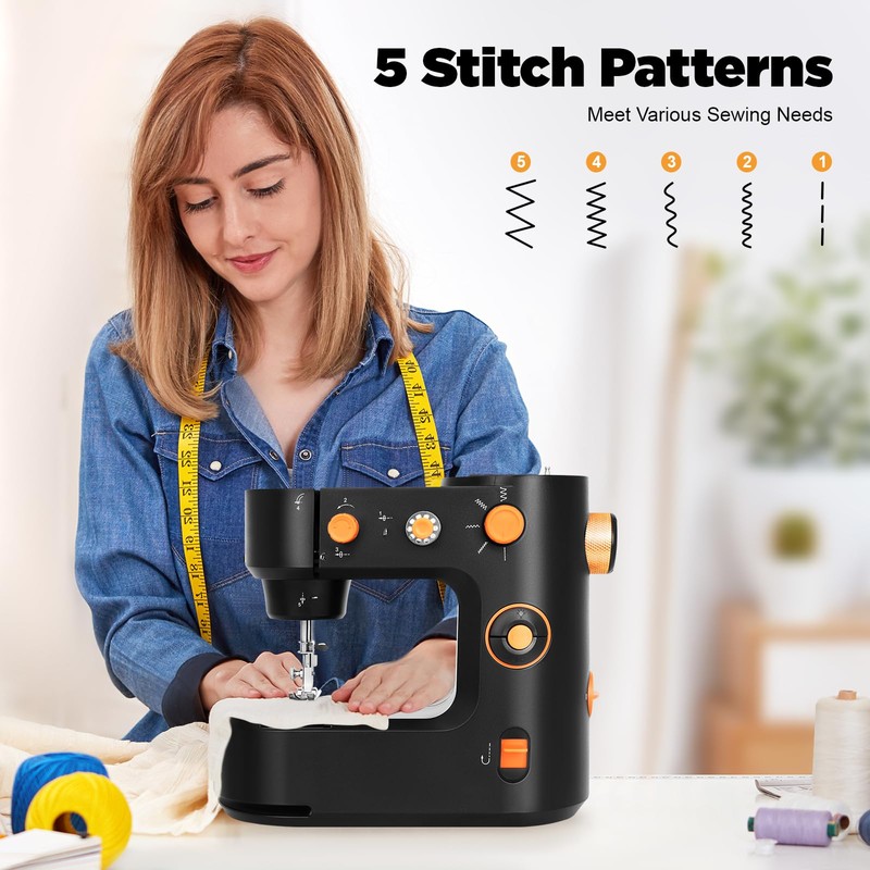 Black Sewing Machine, Basic Sewing Machine 5 Stitch Types Portable