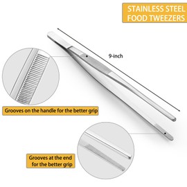 JETKONG 9 Inch Stainless Steel Kitchen Tweezers Multi-function Precision Serrated Tips Cooking Tweezers Chef Plating Tongs