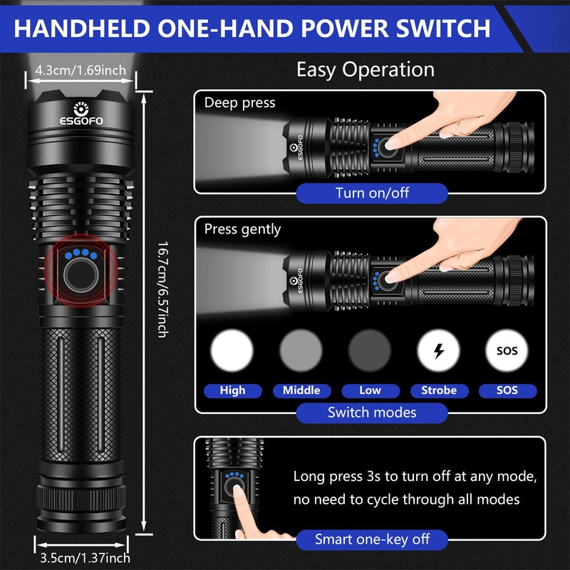 Esgofo Flashlights High Lumens 10000 Rechargeable, Super Bright Handheld LED