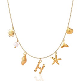 Initial Charm Necklaces for Women Girls 14K Gold Plated A-Z Letter Necklaces Shell Boho Summer Seashell Alphabet Choker Necklace Starfish Surfer Monogram Name Necklace Beach Jewelry Gifts (Gold-H)