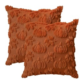 AVOIN colorlife Fall Pumpkin Maple Leaves Caramel Throw Pillow Covers, 16 x 16 Inch Seasonal Autumn Thanksgiving Harvest Soft Plush Faux Fur Jacquard Cushion Case Decoration for Sofa Set of 2