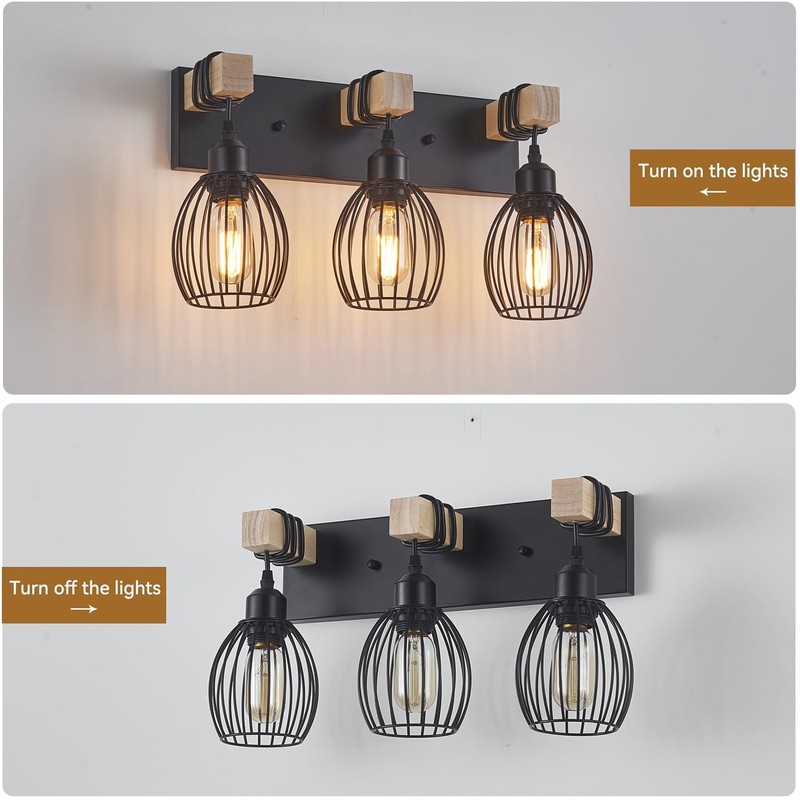 A1A9 3-Light Farmhouse Vanity Light for Bathroom, Wood Wall Sconce