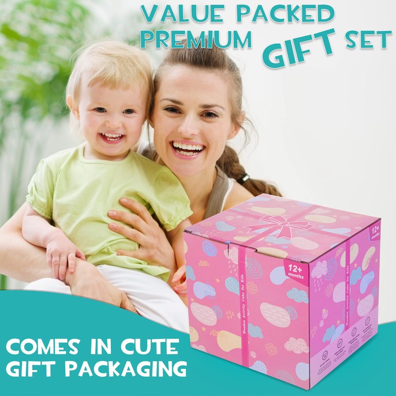 HELLOWOOD 8-in-1 Wooden Activity Cube for Kids, Sorting & Stacking