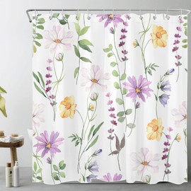 WEENEO - Cortina de ducha de flores silvestres, color amarillo, morado, floral y verde salvia, hoja de eucalipto en blanco, juego de cortina de ducha para baño, tela de plantas naturales con 12 ganchos, 72 x 72 pulgadas