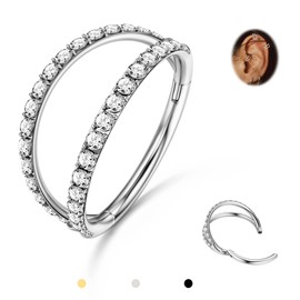 BodyBonita Double Hoop Nose Ring - Silver G23 Titanium Septum Rings 16G CZ Nose Piercings Jewelry Conch Helix Daith Rook Tragus Cartilage Earring Hinged Nostril Piercing Lip Rings 8mm