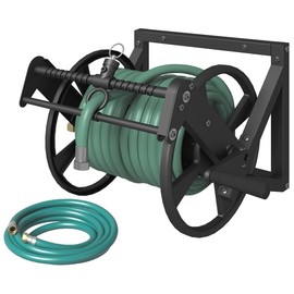 Artigarden Wall Mounted Reciprocating Garden Hose Reel with Hose Guide, Outdoor Heavy Duty Metal Water Hose Holder Storage Rack Holds 125ft of 5/8'' Hose with Brass Fitting & 3.9ft Leader Hose, Black