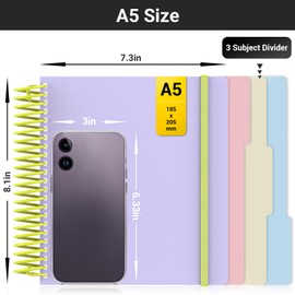 EUSOAR 3 Subject Notebook College Ruled, 1 Pack A5 7.3"x 8.1" Lined Meeting Notebook Small for Work, 240 Pages Thick Paper Spiral Notebook with Pockets for Office School Journal Travel Note Taking