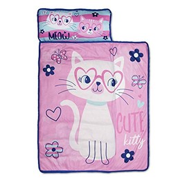 Baby Boom Funhouse Cute Kitty Cat Kids Nap Mat Set – Includes Pillow and Fleece Blanket – Great for Girls Napping During Daycare, Preschool, or Kindergarten - Fits Toddlers and Young Children, Pink