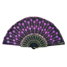 PRETYZOOM Hand Fan for Women Fashionable Fan Stylish Flower Dance Fans Purple Peacock Sequin Fan Dancing Fans Folding Fan Embroidered Hand Fan Fabric Miss Purple