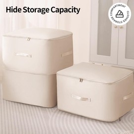 Fycyko Pack of 2 Ultra Space-Saving Self-Compressing Organiser, Underbed Storage Box, Storage Bag for Quilts and Clothes, Beige, XL