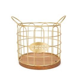 Fving Coffee Pod Holder, Large Capacity K Cup Holder Organizer,Big Metal Kcup Capsule Storage Basket with Wooden Base, Coffee Bar Decor Station Accessories for Kitchen Counter Office Desktop (Gold)