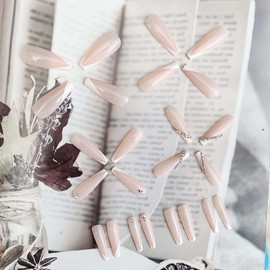 Carufin 24 PCS Long Coffin Fake Nail Glossy Acrylic False Nails Artificial Crystal Press on Nails Ballet Nails for Women Girls (Pink 1)