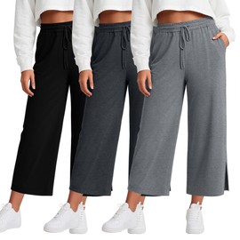 Neer 3 Pack Women's Plus Size Capris, Drawstring Cropped Wide Leg Pants Lounge Athletic Yoga Sweatpant with Pocket(Light Gray, Dark Gray, Black,5X-Large)