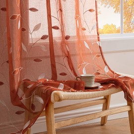 MIULEE Terracotta Sheer Curtains 2 Panels Embroidered Leaf Patterned burnt Orange Rod Pocket Floral Semi Faux Linen Short Fall Window Curtains Drapes Set for Kitchen Bathroom Cafe, 30x36 Inches Length