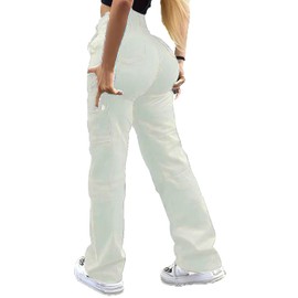AMTEXUN Women's Cargo Pants Jeans High Waisted Baggy Y2K Stretchy Wide Leg Straight Casual Pants Streetwear with 6 Pockets White