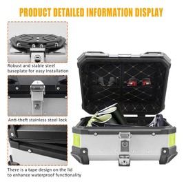 Motorcycle Top Case, 28L Aluminum Motorcycle Trunk, Motorcycle Tail Box with Security Lock & Safety Reflective Stickers, Waterproof Universal Motorcycle Top Box for Helmet Luggage Silver