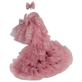 bluqulo Baby Girl Pageant Dress Sequin Embroidered lace Toddler Floral Wedding Birthday Party Dress with Trailing Tail (US, Age, 12 Months, 15 Months, Pink)