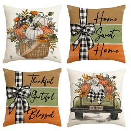 Artoid Mode Pumpkins Eucalyptus Leaves Truck Basket Autumn Cushion Covers Set of 4, 45x45 cm Decorative Pillow Case Cover Sofa Living Room Decor