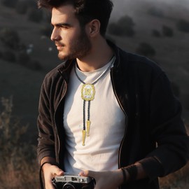 Yjfeshion Western Bolo Tie Shiny Golden Initial Letter ABJR to XYZ Cowboy Necktie Handmade Leather Bola Tie for Men Women M