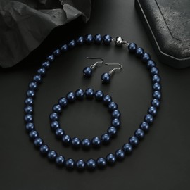 LUREME® Fashion Style Pearl Elastic Necklace Bracelet Dangle Earring Set(09000649) (Blue)