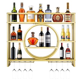 39in Wine Rack Wall Mounted, Modern Metal Wall Bar Shelves with Liquor Bottle & Glass Holder, 3-Tier Bar Liquor Bottle Display Shelf Wall Mounted for Home Bar Kitchen Dining Room (Gold, 39in/100cm)