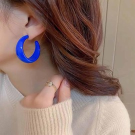 Allereya Boho Big Acrylic Circle Earrings Blue Circle Hoop Earrings Chunky Circle Dangle Earrings Wide Hollow Circle Earrings Candy Color C Shape Earrings Jewelry for Women and Girls