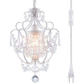 FLSFU Plug in Chandelier Mini Crystal Chandelier White Retro Small Chandeliers Ceiling Light for Girls Bedroom,Farmhouse Plug in Pendant Light for Kitchen Island Bathroom Dining Room Closet