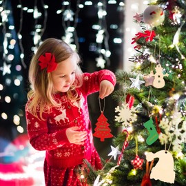 Lucleag 100PCS Christmas Wooden Hanging Ornaments, Unfinished Christmas DIY Wood Santa Hat Snowflakes Bells Deer Snowman Crafts for Kids, Xmas DIY Decor Party Supplies Home Crafts Decor Gifts