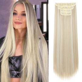 REECHO 20" Straight Long 4 PCS Set Thick Clip in on Hair Extensions Ash Blonde with Highlights