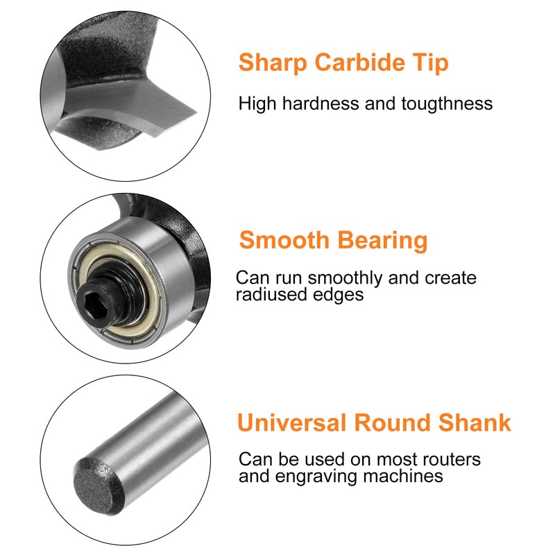 sourcing map Roundover Router Bit 1/4 Shank 3/16" Radius Carbide