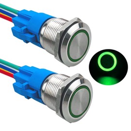 Aiqeer 2 Pcs 19 mm Momentary Push Button Switch, 12V / 24V 5A Car Ignition Starter Switch, IP67 Waterproof Stainless Steel Push Button Switch, with Pre-Wired Socket (Green LED)