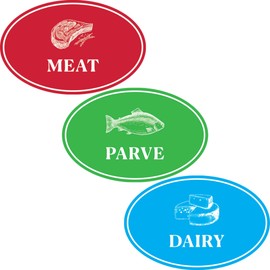 Assorted Kosher Labels, (48 Pack) 16 Blue Dairy, 16 Red Meat, 16 Green Parve Stickers, Oven Proof up to 500°, Freezable, Microwavable, Dishwasher Safe, English, Color Coded Tools (48-Pack)