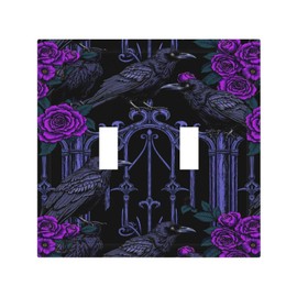 Naiqadnehz Decorative Switch Plates Gothic Style Crow Purple Flowers 2 Gang Double Toggle Wall Plate Outlet Light Switch Cover Electrical Faceplate for Bedroom living Room Decor