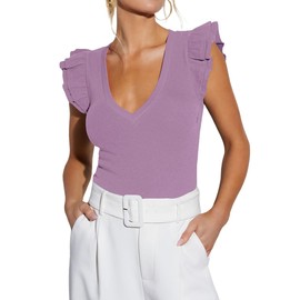 Deep V Neck Tops Women's Crop Shirt Ruffle Tank Rib Knit Fitted Top Tight Tshirt Sleeveless Blouse Office Summer Clothes Purple M