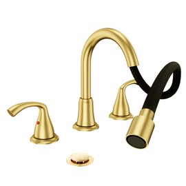 Phiestina Brushed Gold Farmhouse Rotatable Bathroom Faucet - 8 Inch Widespread 3-Hole with Pull-Out Sprayer, Lead-Free Stainless Steel, Metal Pop-Up Drain, Water Supply Lines, 2 Handles,WFJC180CL-BG