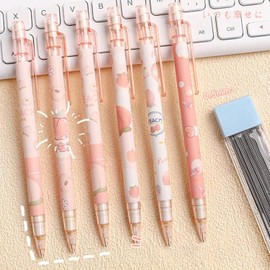6 Pcs Cute Mechanical Pencils with Top Erasers Peach Automatic Mechanical Pencils Stationery Gift for Students Teen Girls Mechanical Pencils with Eraser Peach Automatic Pencil School Office Supply