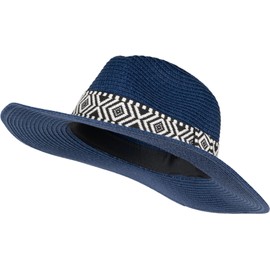 styleBREAKER 04025046 Women's Panama Sun Hat Plain with Fabric Hat Band with Aztec Pattern, Straw Hat, Floppy Hat, Summer Hat, Fedora Hat, darkblue
