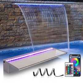 PONDO 12'' APP Pool Waterfall with 16 Colors LED Lights, Acrylic Pond Fountain Set for Outdoor Decorations, Patio Waterfall Spillway Kit on The Wall for Garden, Easy Installation