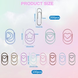Pack of 300 Paper Clips Set, Colourful Paper Clips for Macaroon, Paper Clips Heart and Silver Paper Clip, Creative Mini Paper Clip, Simple Paper Clip for Stationary Office Accessories