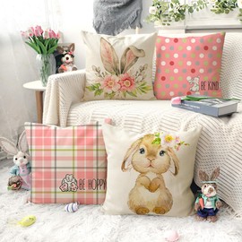 4TH Emotion Easter Throw Pillow Covers 18 x 18 Inch Set of 4, Be Hoppy Bunny Be Kind Rabbit Spring Farmhouse Holiday Pink Cushion Case for Home Sofa Couch Decoration TH188