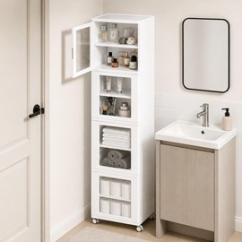 Vtopmart 63.2" Tall Slim Bathroom Storage Cabinet with 4 Adjustable Shelves and 4 Doors, Freestanding Cabinets Organizer with Wheels and Anti-tip for Laundry, Kitchen, Pantry, White