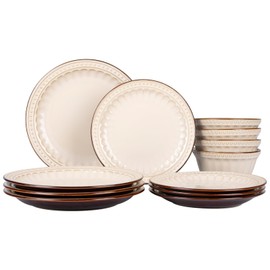 WHITEPEONY Dinnerware Set Cream White 12 Pieces Service for 4, Stoneware Plates and Bowls Set Stoneware Set, Dishwasher Microwave Safe Dishes set