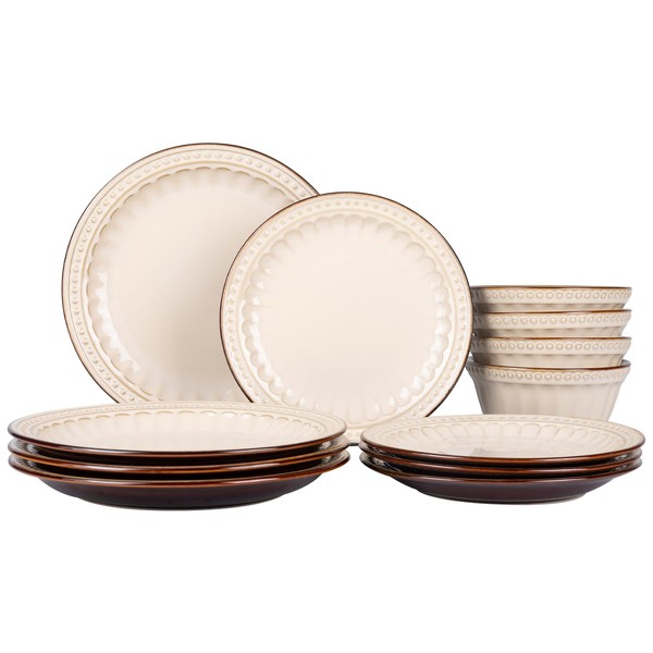 WHITEPEONY Dinnerware Set Cream White 12 Pieces Service for 4,