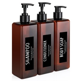 DEROANBOTTSet of 3 Shampoo and Conditioner Containers, Reusable Bathroom Body Wash Dispenser Set, Empty Plastic Shampoo Bottles Refillable with Pump for Shower Soap （Black bottle） (Tawny)