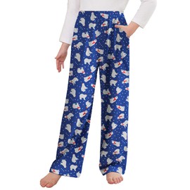 Arshiner Pajama Pants for Girls Long Sleep Plaid Pants Soft Lounge Pj Bottoms with Pockets Blue Christmas Polar Bear 12-13 Years