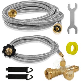 Extend A Stay RV Propane Kit, Propane Brass Tee 4 Port Adapter Kit with 5ft & 12FT Stainless Braided Hoses for Motorhomes Camping, Connecting Auxiliary Propane Cylinders to Appliances