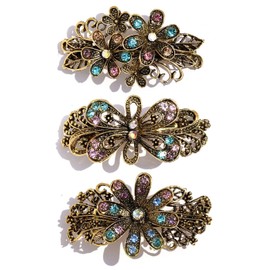 SICOPEE Floral Vintage Hair Barrettes for Women Girls, 3 Pieces Rhinestone Retro French Hair Clips Flower Hair Pins Hair Accessories