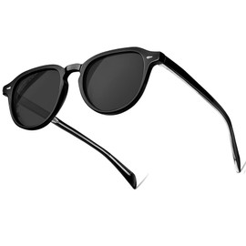 KANASTAL Sunglasses for Women Polarized Retro Round Men's Sunglasses Lightweight TR90 Frame Acetate Temples UV400 Protection, Glossy Black Frame and Black Lenses